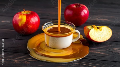 Caramel flowing into coffee, with apples on a dark wooden surface