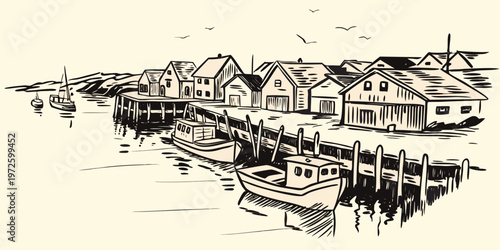 A quaint coastal village scene with boats docked at a wooden pier