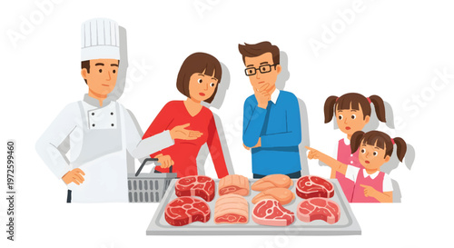 Family choosing meat at a butcher shop with chef
