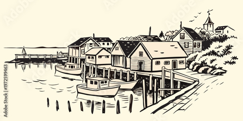 Vintage sketch of a coastal village with buildings and boats on water