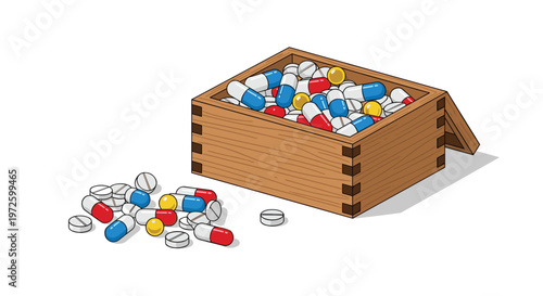 A small rustic wooden box is overflowing with a large quantity of red blue and white capsules along with various round yellow and white medical pills.