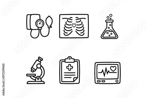 Clinical laboratory and medical testing hand drawn black and white icon collection