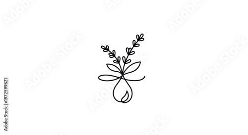 Minimalist Lavender Stem with Drop Icon, Single Line Drawing, Isolated