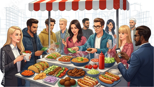 Street Food Cart Scene, People Buying Snacks, Minimal Architectural Blueprint, White Background