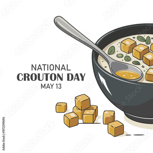 Single continuous line drawing soup with croutons in a bowl with croutons scattered around. Perfect combination. More delicious. Cuisine. National Crouton Day. One line design vector illustration