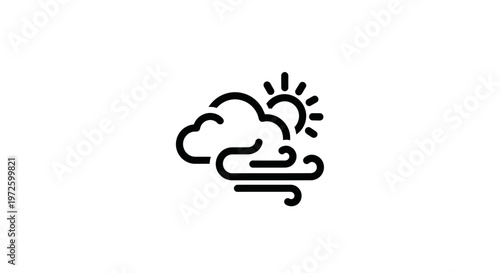 Cloudy and windy weather icon with sun icon, simple line art
