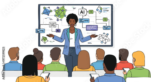 Diverse group of people listening to a presentation on artificial intelligence