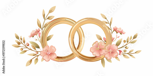 Fényképezés Golden wedding rings entwined with delicate pink flowers and green leaves