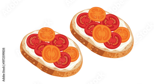 Two delicious bruschettas are topped with thick layers of creamy white cheese and garnished with fresh slices of red and orange tomatoes on a white base.