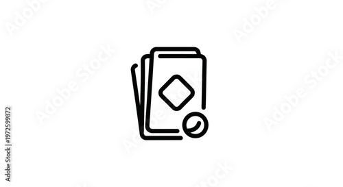 Stack of playing cards icon with diamond symbol and small circle, simple line art