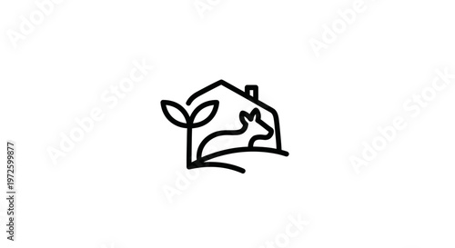 Minimalist outline logo of a house with a deer silhouette and plant sprout