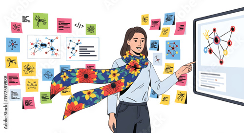 woman presenting colorful molecular structure on screen