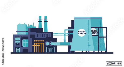 Illustration of a modern industrial facility with a large cooling tower, representing a power plant or factory.