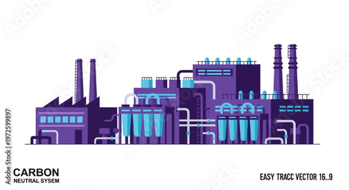 Illustration of a modern carbon-neutral industrial facility with advanced filtration systems and multiple smokestacks.