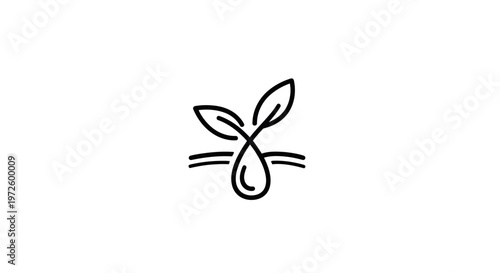 Minimalist line art sprout with water drop icon, representing growth, nature, and purity.