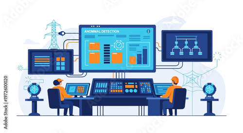 Cybersecurity operations center with analysts monitoring network traffic and system performance on large screens.