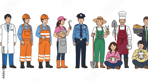 Diverse professionals stand in a row doctor, builder, artist, officer, farmer, chef, delivery, showcasing essential community roles and varied career opportunities