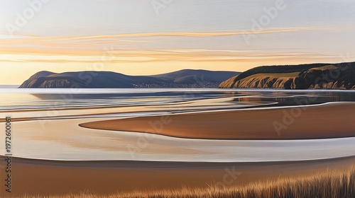 Serene Coastal Landscape Painting with Golden Sunset and Tranquil Reflections
