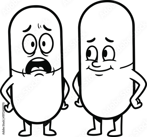 Two anthropomorphic capsules one expressing sadness and the other contentment depicted in a simple black and white cartoon style