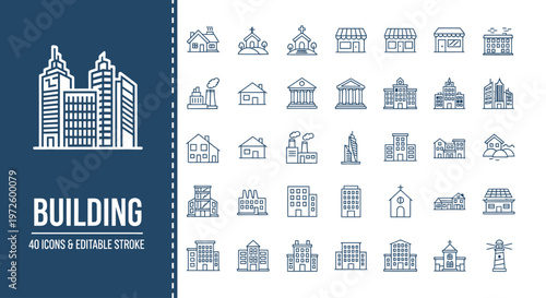 Collection of diverse building icons in pixel art style, representing various architectural structures and city elements, ideal for graphic design projects and user interfaces