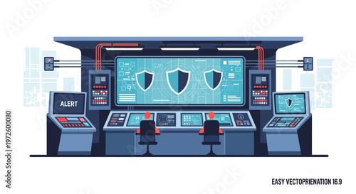 Cybersecurity operations center with multiple screens displaying security shields and alerts, manned by two operators.
