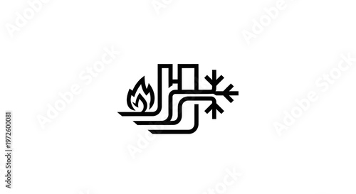 HVAC System Icon: Heating and Cooling Balance, Airflow, Fire and Snowflake