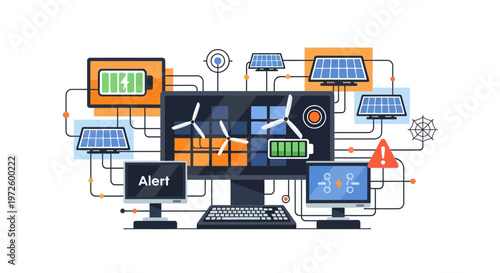 Illustration of a smart grid system with solar panels, wind turbines, batteries, and computer monitors displaying data and alerts.