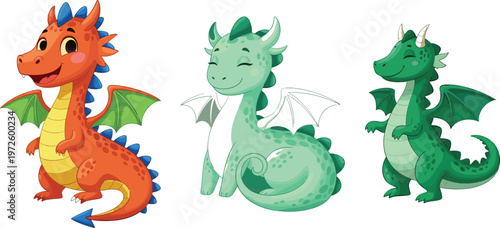 Cute cartoon dragon characters set with colorful fantasy creatures smiling baby dragons and playful mascot illustrations vector collection
