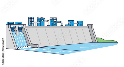 A massive grey concrete hydroelectric dam structure processes flowing water into a calm blue river under a bright white sky with industrial blue machinery.