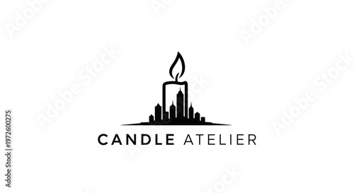 Candle Atelier Logo: City Skyline Silhouette Inside Candle Flame