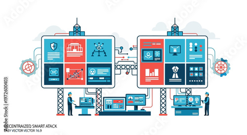 Decentralized smart stack with interconnected screens and technicians overseeing operations, illustrating advanced technology and data management.