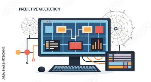 Computer system displaying predictive AI detection interface with data visualizations and network diagrams.