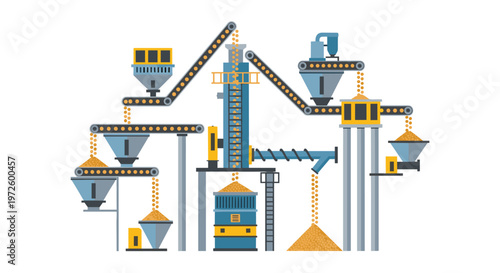 A detailed industrial grain processing facility illustration shows various blue silos and yellow conveyor belts transporting golden seeds through a complex mechanical system.