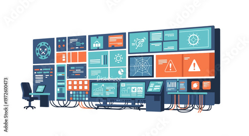 A vast array of monitors and screens displaying complex data, charts, and alerts, suggesting a high-tech control room or data analysis center.