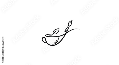Minimalist logo of a teacup with leaves and a paintbrush, representing creativity and art