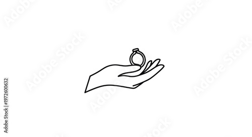 Hand holding engagement ring, minimalist line art, proposal concept