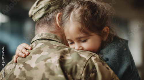 Child hugging returning soldier parent at army homecoming reunion ceremony with emotional family welcome