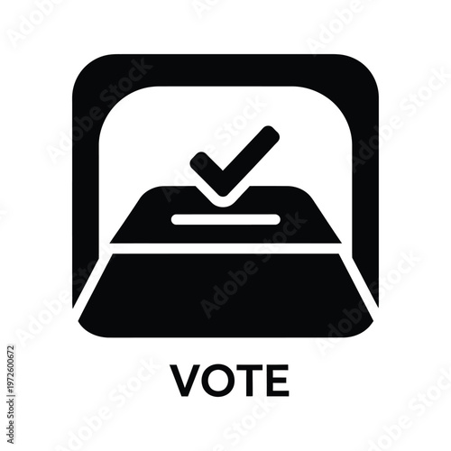 Black and white icon depicting a ballot box with a checkmark and the word vote