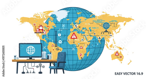 Global network security threats visualized on a world map with a computer workstation and warning icons.