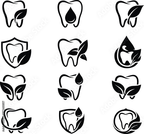 Set of dental implants and natural teeth icons in a clean, modern line art style
