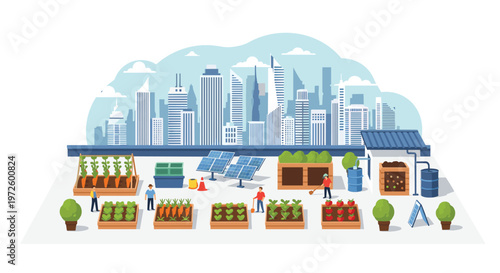 Meticulous urban farmers tend to various vegetable garden beds on a modern rooftop equipped with blue solar panels and sustainable water collection systems today.
