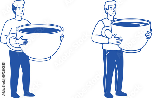 Two stylized figures each holding an oversized coffee cup depicted in a minimalist blue line art illustration style