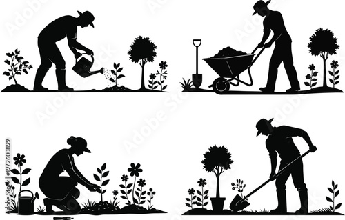 Farmer silhouettes showing gardening and agricultural work actions. Black human figures using tools, watering, planting, and carrying buckets
