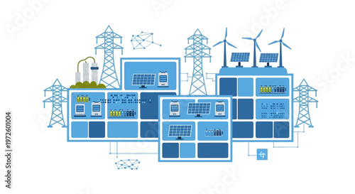 Illustration of a smart grid system integrating renewable energy sources like solar panels and wind turbines with advanced power distribution and control technologies.