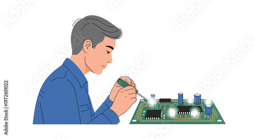 A focused technician meticulously uses a green handled screwdriver to repair a complex electronic circuit board featuring glowing white lights and blue cylindrical capacitors.