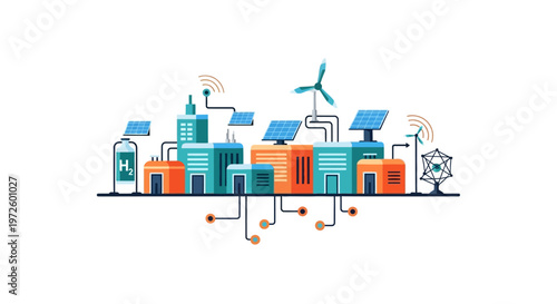 Illustration of a smart city with renewable energy sources and interconnected buildings, symbolizing technological advancement and sustainability.