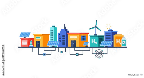 Illustration of a smart city powered by renewable energy sources like solar and wind, with hydrogen storage.