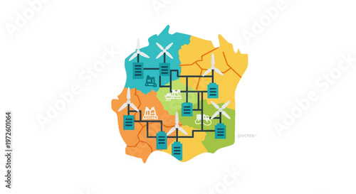 Illustration of a smart grid system connecting wind turbines and energy storage units across a stylized map.