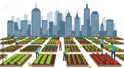 Diverse community members actively cultivate a vast array of rectangular vegetable plots in a sprawling urban farm set against a grey skyscraper silhouette backdrop.