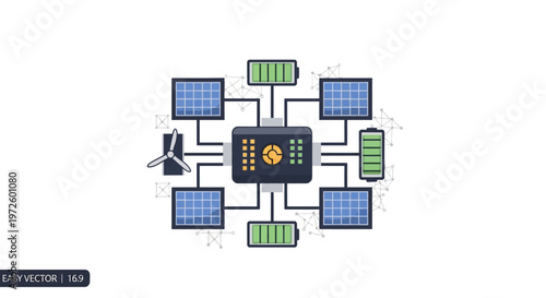 Illustration of a smart grid system with solar panels, wind turbine, batteries, and a central control unit, representing renewable energy integration and management.